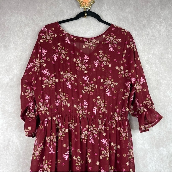 eShakti Floral Print Ruffle Georgette Dress In Maroon Women's Size XL-16 - Picture 8 of 8